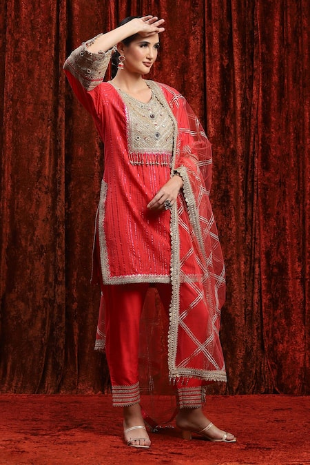 Buy_Shikhar Sharma_Red Cotton, Silk, Net, Chanderi Gota Patti, Embroidered Striped Kurta Pant Set _Online_at_Aza_Fashions
