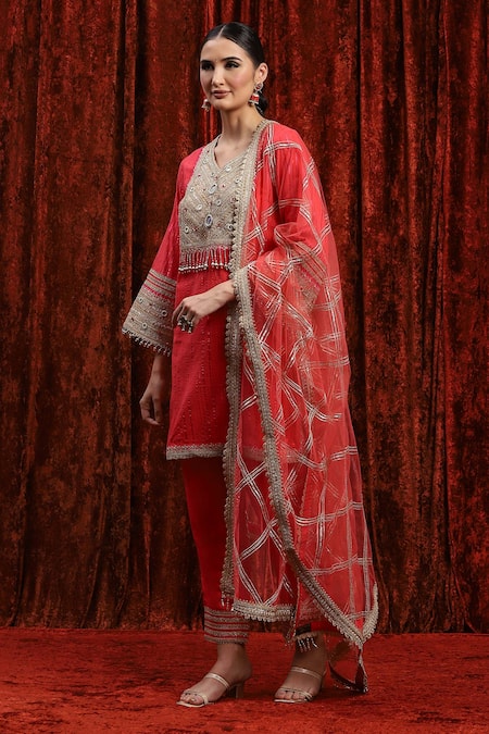 Shop_Shikhar Sharma_Red Cotton, Silk, Net, Chanderi Gota Patti, Embroidered Striped Kurta Pant Set _Online_at_Aza_Fashions