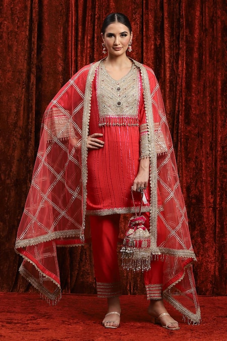 Shikhar Sharma_Red Cotton, Silk, Net, Chanderi Gota Patti, Embroidered Striped Kurta Pant Set _at_Aza_Fashions