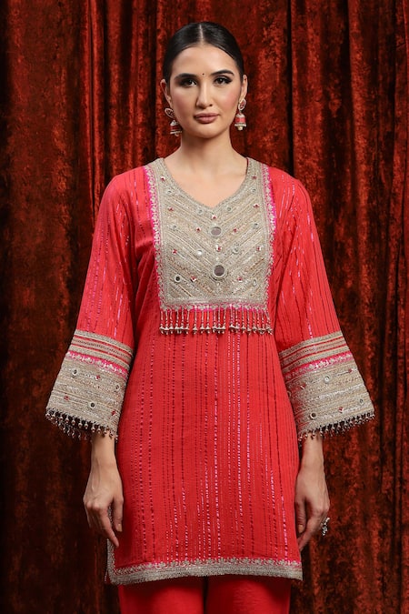 Buy_Shikhar Sharma_Red Cotton, Silk, Net, Chanderi Gota Patti, Embroidered Striped Kurta Pant Set 