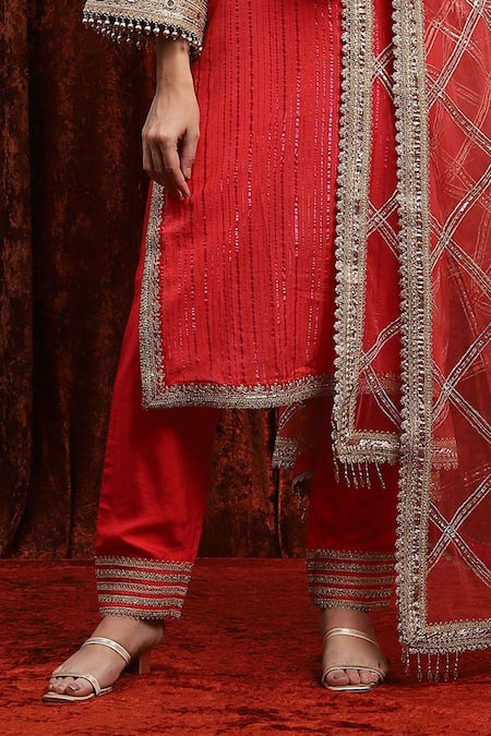Shikhar Sharma_Red Cotton, Silk, Net, Chanderi Mirrors, Gota Dori Striped Kurta Pant Set _Online_at_Aza_Fashions