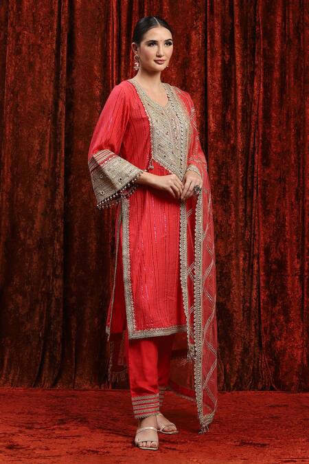 Buy_Shikhar Sharma_Red Cotton, Silk, Net, Chanderi Mirrors, Gota Dori Striped Kurta Pant Set _Online_at_Aza_Fashions