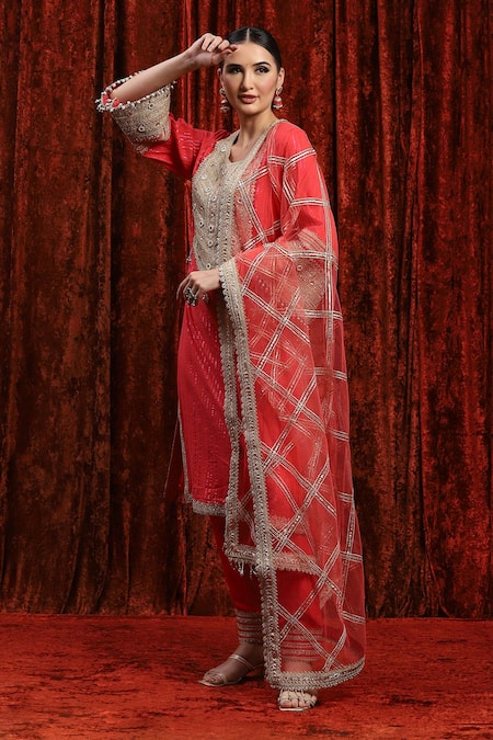 Shop_Shikhar Sharma_Red Cotton, Silk, Net, Chanderi Mirrors, Gota Dori Striped Kurta Pant Set _Online_at_Aza_Fashions