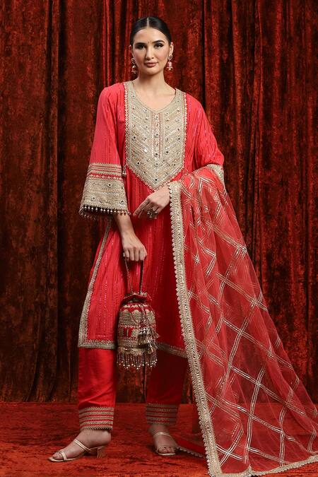 Shikhar Sharma_Red Cotton, Silk, Net, Chanderi Mirrors, Gota Dori Striped Kurta Pant Set _at_Aza_Fashions