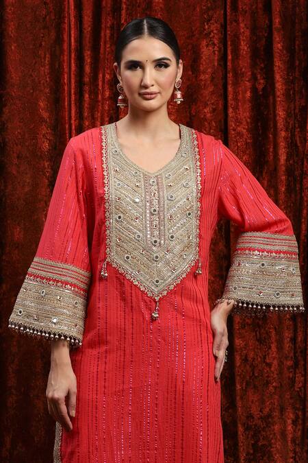 Buy_Shikhar Sharma_Red Cotton, Silk, Net, Chanderi Mirrors, Gota Dori Striped Kurta Pant Set 