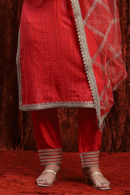Shikhar Sharma_Red Cotton, Silk, Net Gota Patti, Dori Kurta Set With Checkered Dupatta _Online_at_Aza_Fashions