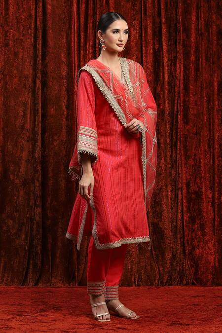 Buy_Shikhar Sharma_Red Cotton, Silk, Net Gota Patti, Dori Kurta Set With Checkered Dupatta _Online_at_Aza_Fashions
