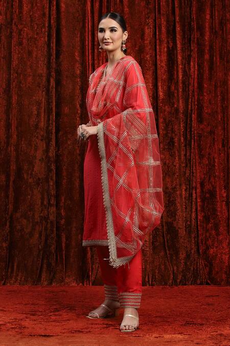Shop_Shikhar Sharma_Red Cotton, Silk, Net Gota Patti, Dori Kurta Set With Checkered Dupatta _Online_at_Aza_Fashions
