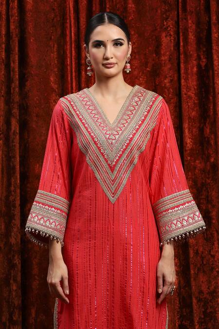 Shikhar Sharma_Red Cotton, Silk, Net Gota Patti, Dori Kurta Set With Checkered Dupatta _at_Aza_Fashions