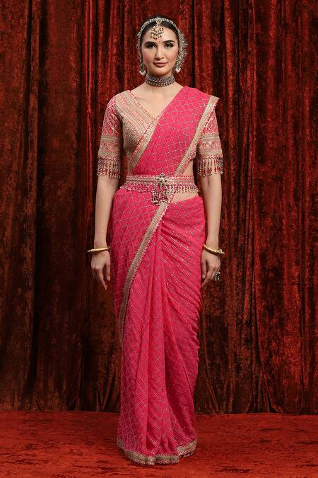 Shikhar Sharma_Pink Georgette, Silk, Chanderi Embroidery, Tassels, Gota Patti V-neck Saree Set _Online_at_Aza_Fashions