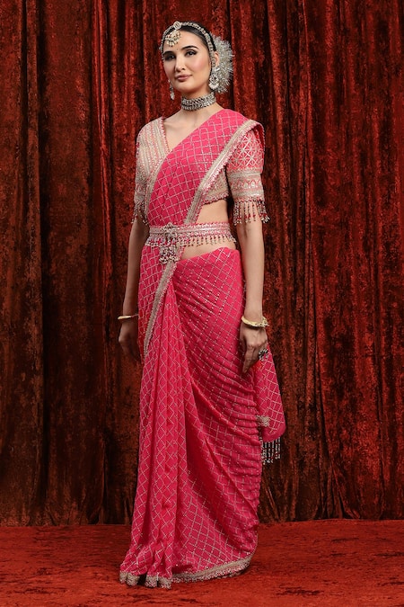Buy_Shikhar Sharma_Pink Georgette, Silk, Chanderi Embroidery, Tassels, Gota Patti V-neck Saree Set _Online_at_Aza_Fashions