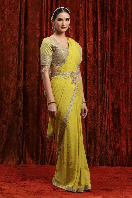 Shikhar Sharma_Green Georgette, Silk, Chanderi Gota Patti, Embroidery, Dori Border Saree Set _Online_at_Aza_Fashions