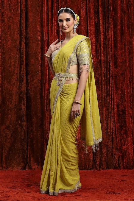 Buy_Shikhar Sharma_Green Georgette, Silk, Chanderi Gota Patti, Embroidery, Dori Border Saree Set _Online_at_Aza_Fashions