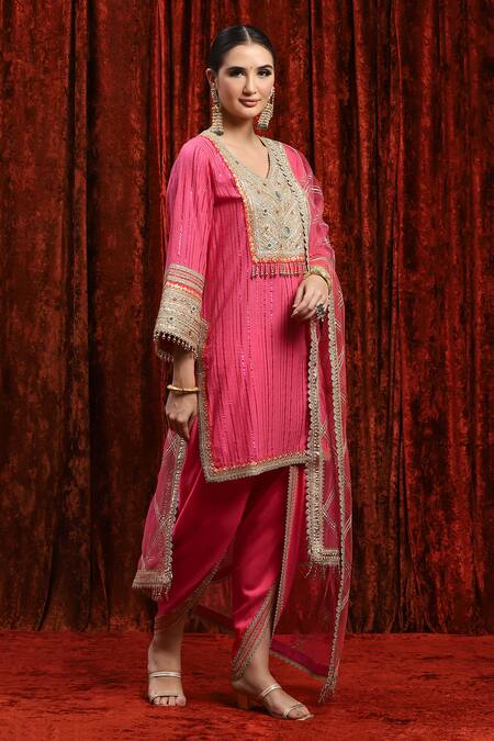 Shikhar Sharma_Pink Cotton, Silk, Chanderi, Net Beads, Embroidery, Bodice Kurta Tulip Pant Set _Online_at_Aza_Fashions