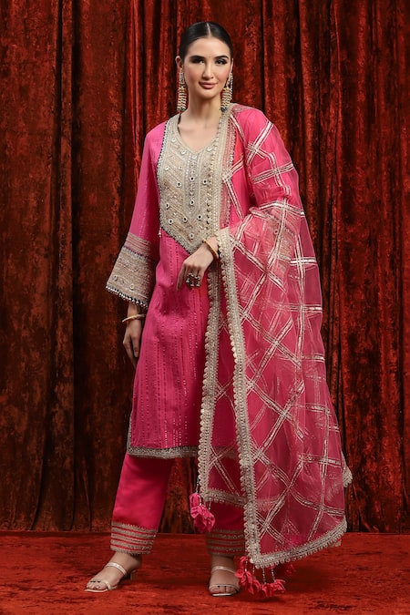 SHIKHAR SHARMA Pink Kurta Cotton Lurex Embroidery Gota Paan Neck Bodice Set 