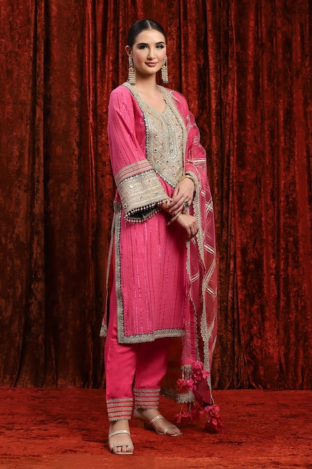 Shikhar Sharma_Pink Cotton, Lurex, Silk, Chanderi, Net Embroidery, Gota Bodice Kurta Pant Set _Online_at_Aza_Fashions