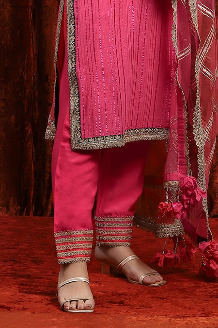 Buy_Shikhar Sharma_Pink Cotton, Lurex, Silk, Chanderi, Net Embroidery, Gota Bodice Kurta Pant Set _Online_at_Aza_Fashions