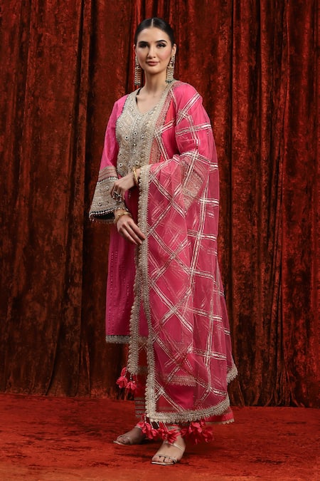 Shop_Shikhar Sharma_Pink Cotton, Lurex, Silk, Chanderi, Net Embroidery, Gota Bodice Kurta Pant Set _Online_at_Aza_Fashions