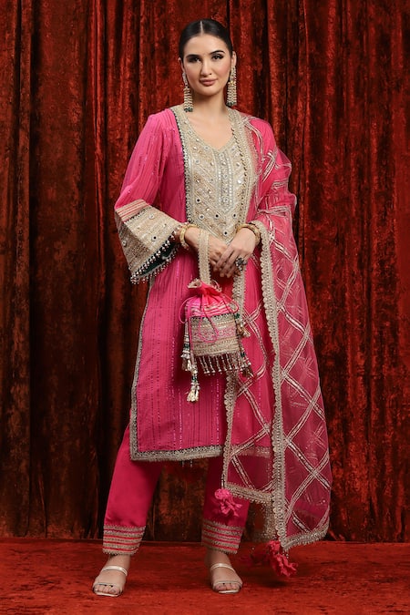 Shikhar Sharma_Pink Cotton, Lurex, Silk, Chanderi, Net Embroidery, Gota Bodice Kurta Pant Set _at_Aza_Fashions