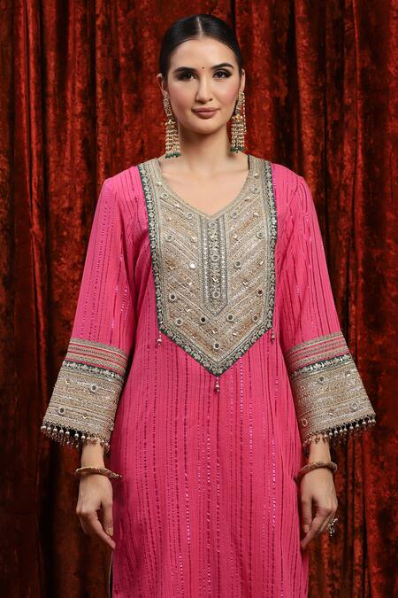 Buy_Shikhar Sharma_Pink Cotton, Lurex, Silk, Chanderi, Net Embroidery, Gota Bodice Kurta Pant Set 