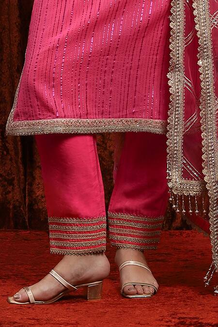 Shikhar Sharma_Pink Cotton, Silk, Chanderi, Net Gota Patti, Bodice Straight Kurta Pant Set _Online_at_Aza_Fashions