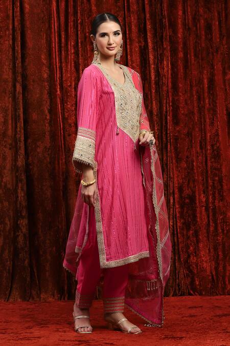 Buy_Shikhar Sharma_Pink Cotton, Silk, Chanderi, Net Gota Patti, Bodice Straight Kurta Pant Set _Online_at_Aza_Fashions