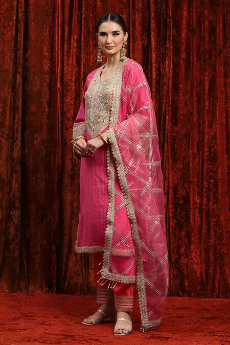 Shop_Shikhar Sharma_Pink Cotton, Silk, Chanderi, Net Gota Patti, Bodice Straight Kurta Pant Set _Online_at_Aza_Fashions