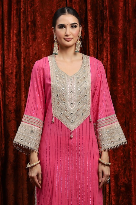 Shikhar Sharma_Pink Cotton, Silk, Chanderi, Net Gota Patti, Bodice Straight Kurta Pant Set _at_Aza_Fashions