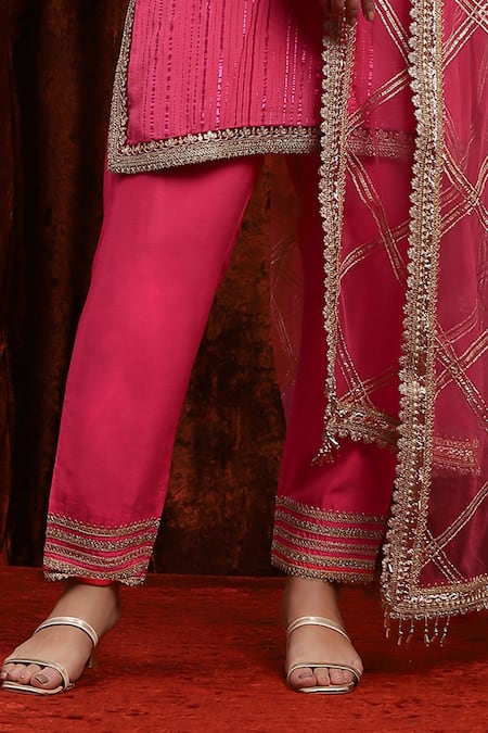 Shikhar Sharma_Pink Cotton, Silk, Net, Chanderi Gota Patti, Geometric Kurta Pant Set _Online_at_Aza_Fashions