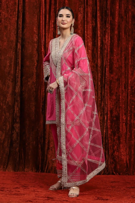 Buy_Shikhar Sharma_Pink Cotton, Silk, Net, Chanderi Gota Patti, Geometric Kurta Pant Set _Online_at_Aza_Fashions