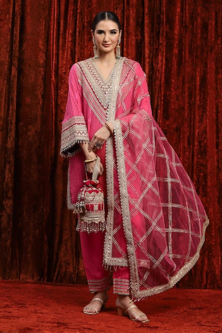 Shop_Shikhar Sharma_Pink Cotton, Silk, Net, Chanderi Gota Patti, Geometric Kurta Pant Set _Online_at_Aza_Fashions
