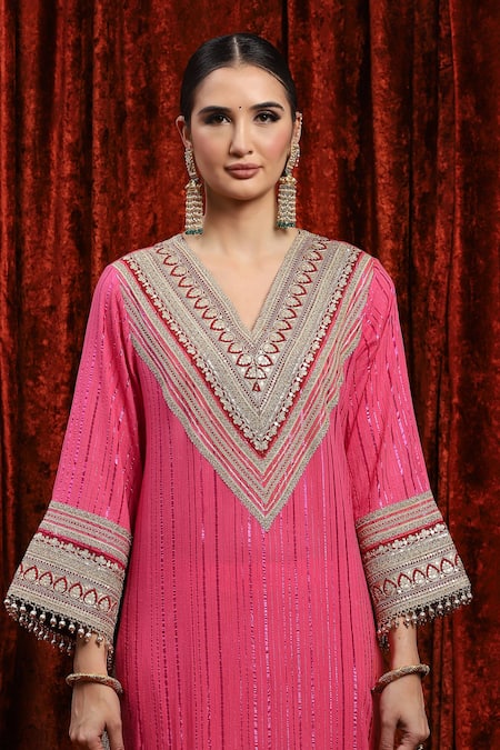 Shikhar Sharma_Pink Cotton, Silk, Net, Chanderi Gota Patti, Geometric Kurta Pant Set _at_Aza_Fashions