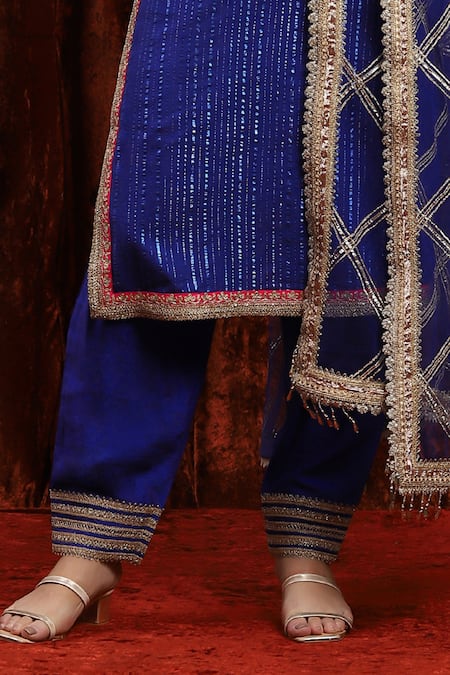 Shikhar Sharma_Blue Cotton, Silk, Net, Chanderi Gota Patti, Geometric Bodice Kurta Pant Set _Online_at_Aza_Fashions