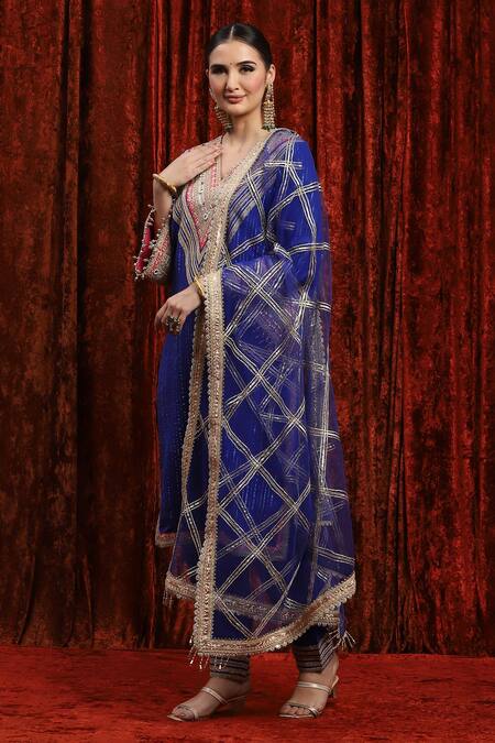 Shop_Shikhar Sharma_Blue Cotton, Silk, Net, Chanderi Gota Patti, Geometric Bodice Kurta Pant Set _Online_at_Aza_Fashions