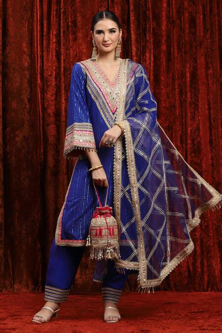 Shikhar Sharma_Blue Cotton, Silk, Net, Chanderi Gota Patti, Geometric Bodice Kurta Pant Set _at_Aza_Fashions