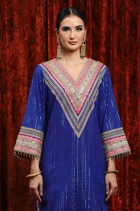 Buy_Shikhar Sharma_Blue Cotton, Silk, Net, Chanderi Gota Patti, Geometric Bodice Kurta Pant Set 