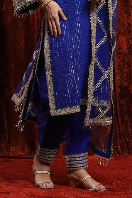 Buy_Shikhar Sharma_Blue Cotton, Silk, Net, Chanderi Gota Patti, Geometric And Badla Kurta Pant Set _Online_at_Aza_Fashions