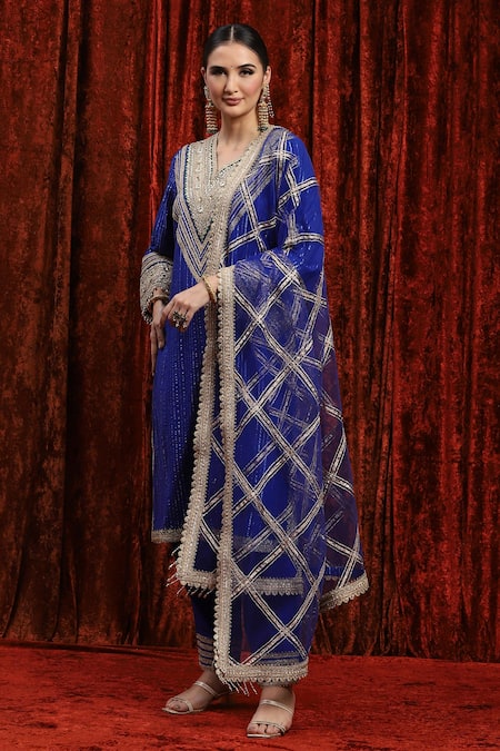 Shop_Shikhar Sharma_Blue Cotton, Silk, Net, Chanderi Gota Patti, Geometric And Badla Kurta Pant Set _Online_at_Aza_Fashions