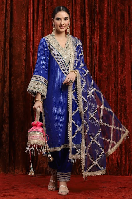 Shikhar Sharma_Blue Cotton, Silk, Net, Chanderi Gota Patti, Geometric And Badla Kurta Pant Set _at_Aza_Fashions