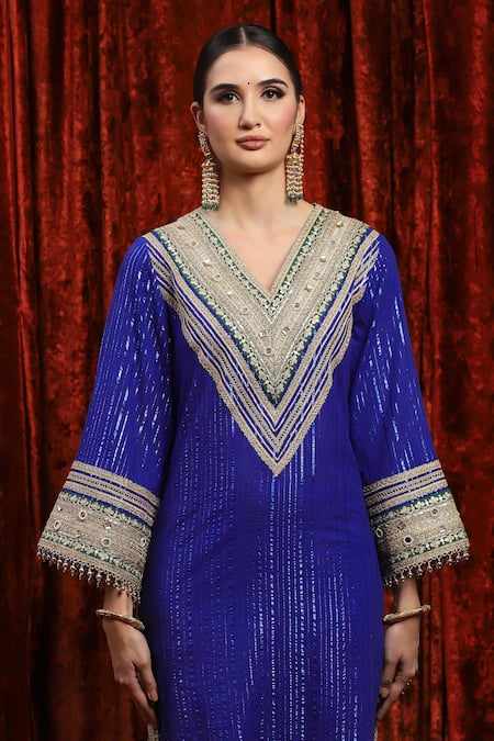 Buy_Shikhar Sharma_Blue Cotton, Silk, Net, Chanderi Gota Patti, Geometric And Badla Kurta Pant Set 