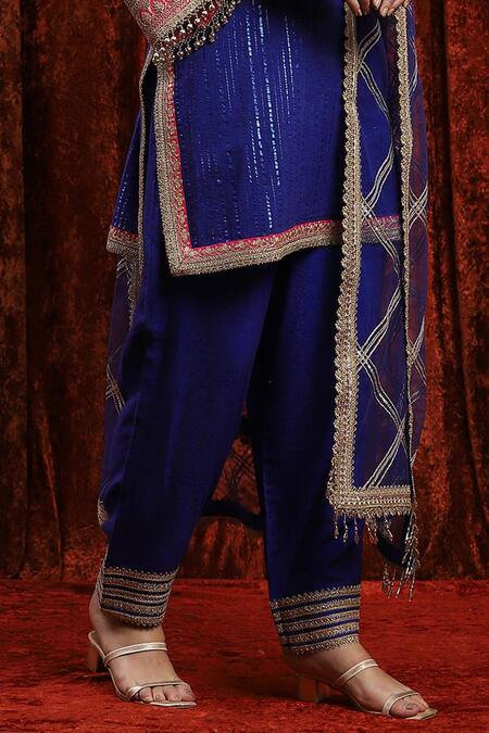 Buy_Shikhar Sharma_Blue Cotton, Silk, Net, Chanderi Embroidery, Gota Abstract Kurta Pant Set _Online_at_Aza_Fashions