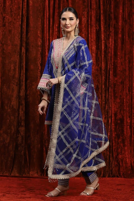 Shop_Shikhar Sharma_Blue Cotton, Silk, Net, Chanderi Embroidery, Gota Abstract Kurta Pant Set _Online_at_Aza_Fashions