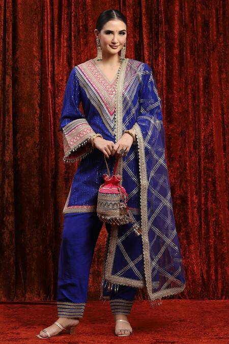 Shikhar Sharma_Blue Cotton, Silk, Net, Chanderi Embroidery, Gota Abstract Kurta Pant Set _at_Aza_Fashions