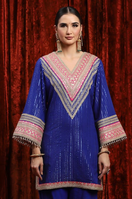 Buy_Shikhar Sharma_Blue Cotton, Silk, Net, Chanderi Embroidery, Gota Abstract Kurta Pant Set 