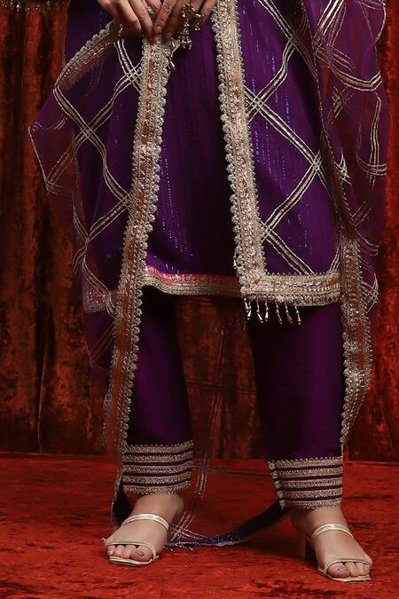 Shikhar Sharma_Purple Cotton, , Net, Organza Beads, Gota Placket Kurta Pant Set _Online_at_Aza_Fashions