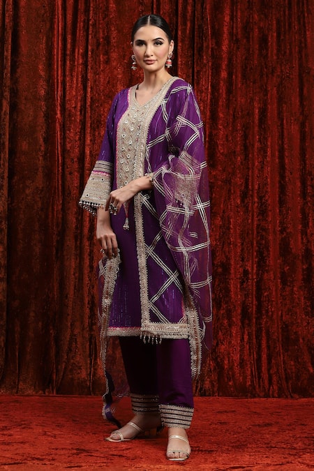Shop_Shikhar Sharma_Purple Cotton, , Net, Organza Beads, Gota Placket Kurta Pant Set _Online_at_Aza_Fashions
