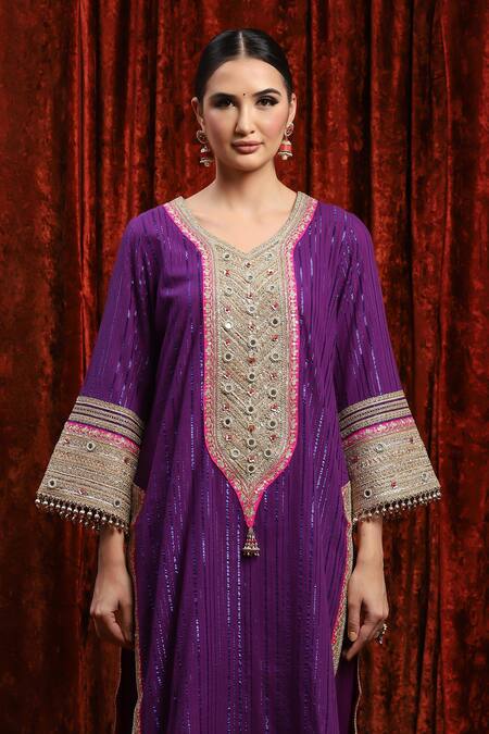 Shikhar Sharma_Purple Cotton, , Net, Organza Beads, Gota Placket Kurta Pant Set _at_Aza_Fashions
