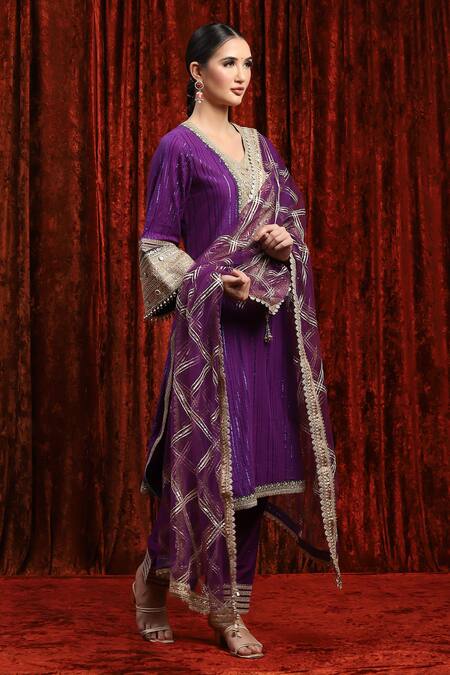 Buy_Shikhar Sharma_Purple Cotton, Silk, Net, Chanderi Beads, Placket Straight Kurta Pant Set _Online_at_Aza_Fashions