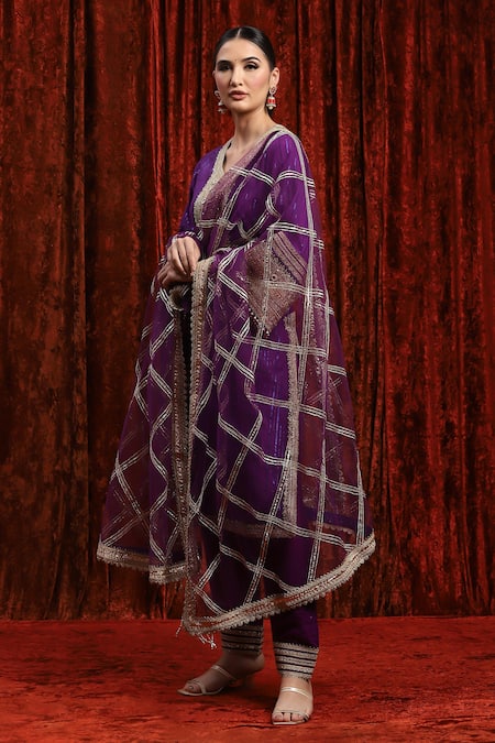 Shop_Shikhar Sharma_Purple Cotton, Silk, Net, Chanderi Beads, Placket Straight Kurta Pant Set _Online_at_Aza_Fashions