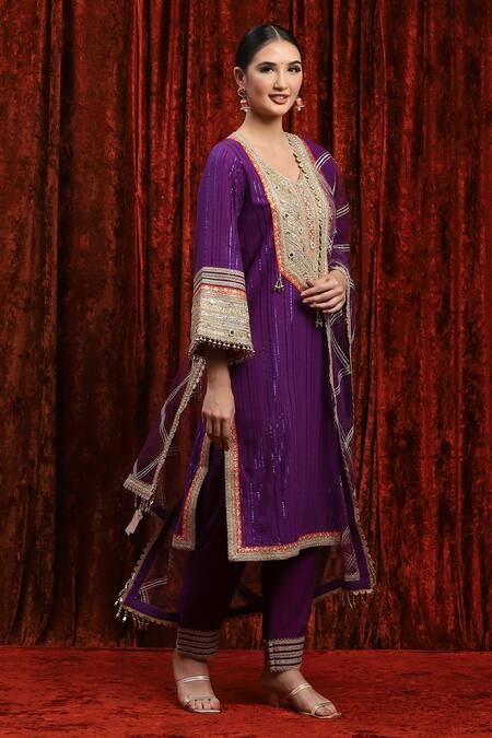 Buy_Shikhar Sharma_Purple Cotton, Silk, Net, Chanderi Embroidery, Beads, And Dori Kurta Pant Set _Online_at_Aza_Fashions